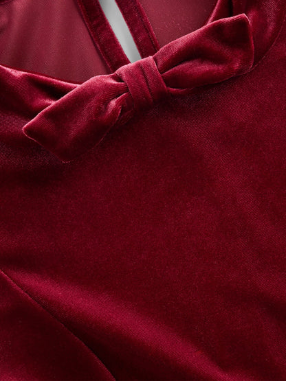 Bordo Kadife Fiyonk Elbise