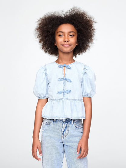 Açık Mavi Denim Fırfırlı Peplum Bluz