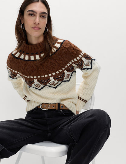 Fair Isle Desenli Örgü Yuvarlak Yaka Triko Kazak