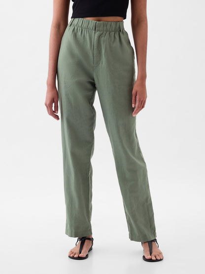 Haki High Rise Keten Karışımlı Pull-on Pantolon