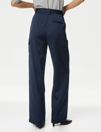 Wide Leg Saten Kargo Pantolon