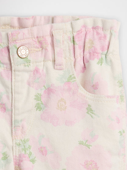 Açık Pembe Baskılı Paperbag Mom Jean Pantolon