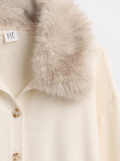 Krem Faux Fur-collar Triko Hırka