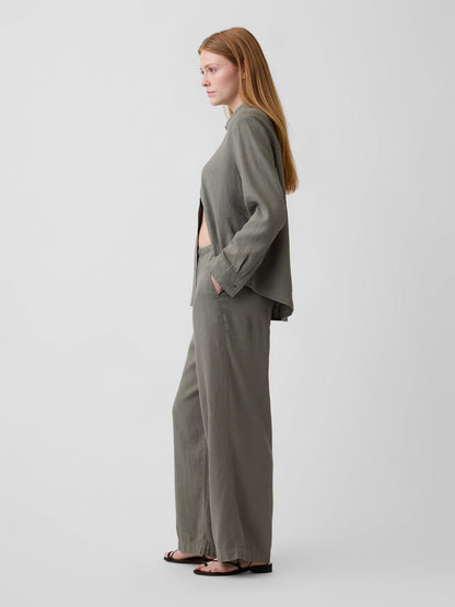 Haki Relaxed Keten Karışımlı Wide-leg Pantolon