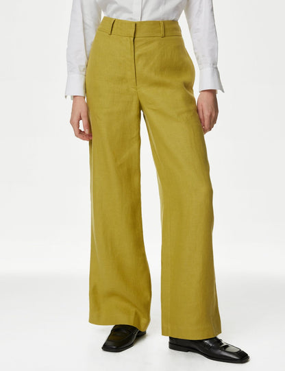 Yüksek Bel Wide Leg Saf Keten Pantolon