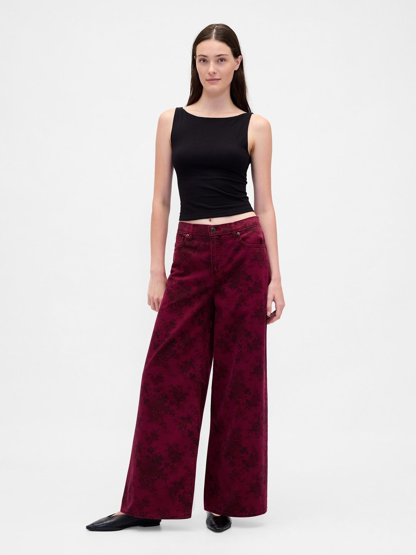 Bordo Mid Rise Çiçekli Baggy Jean Pantolon