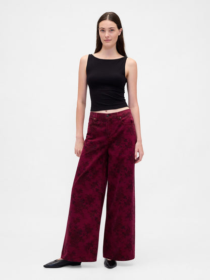 Bordo Mid Rise Çiçekli Baggy Jean Pantolon