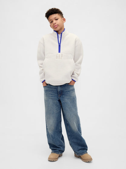 Gri Sherpa Logo Yarım Fermuarlı Pullover