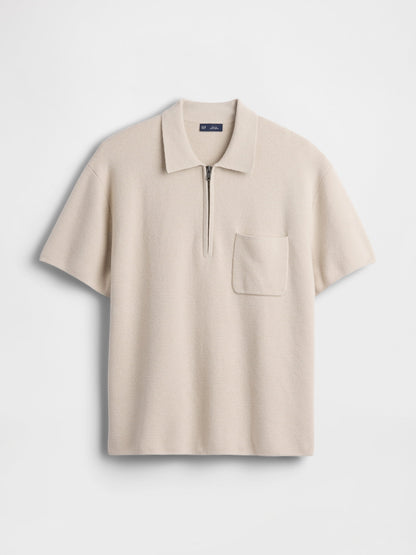 Bej Oversized Yarım Fermuarlı Cepli Triko Polo T-shirt