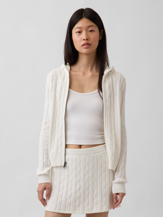 Beyaz %100 Pamuk Cable-knit Fermuarlı Hırka