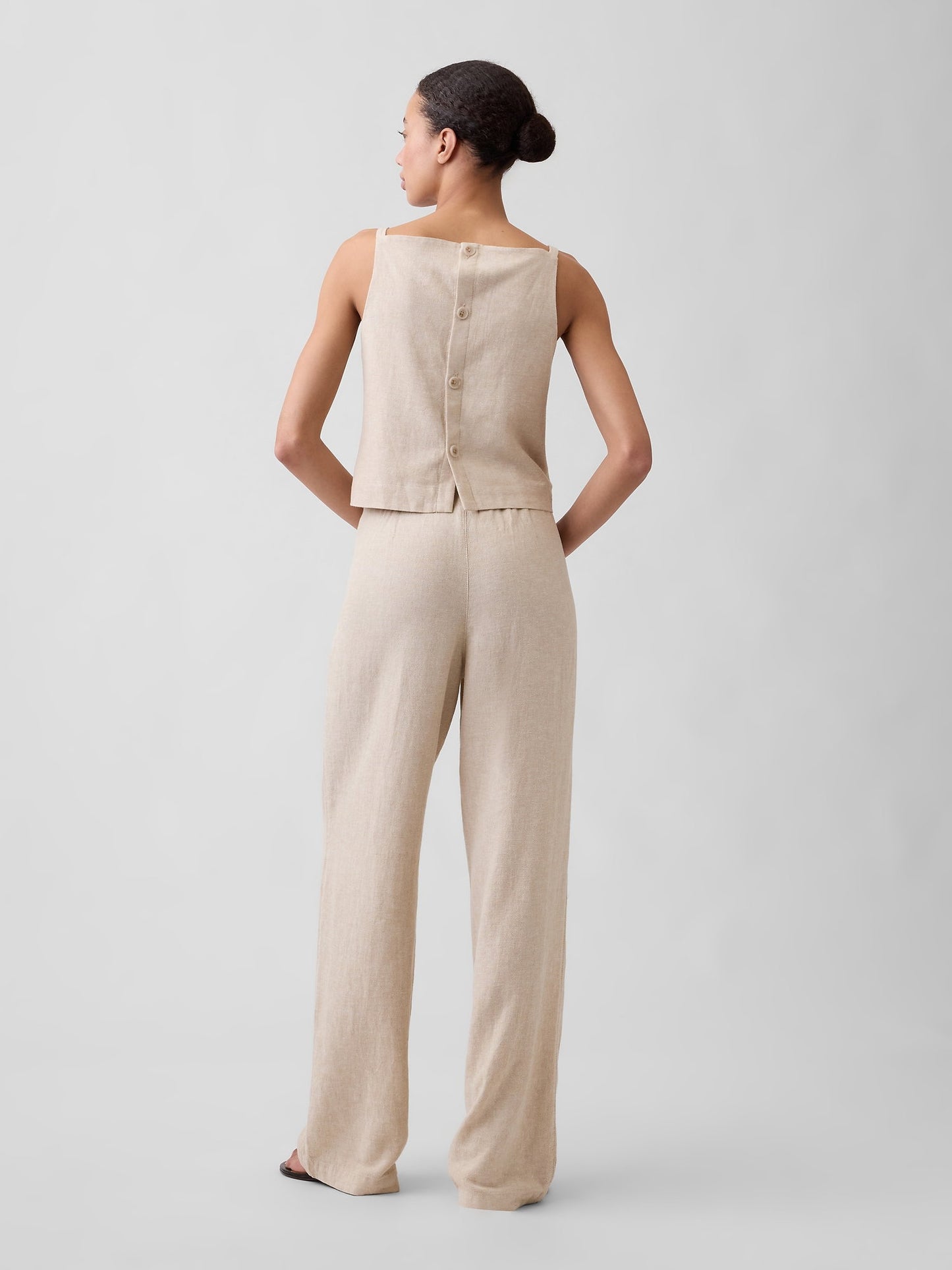 Bej Relaxed Keten Karışımı Wide-leg Pantolon