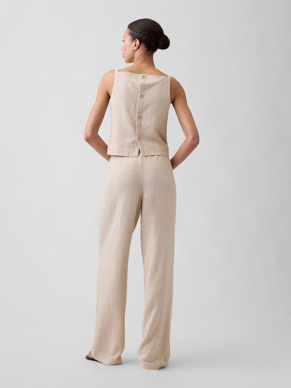 Bej Relaxed Keten Karışımı Wide-leg Pantolon