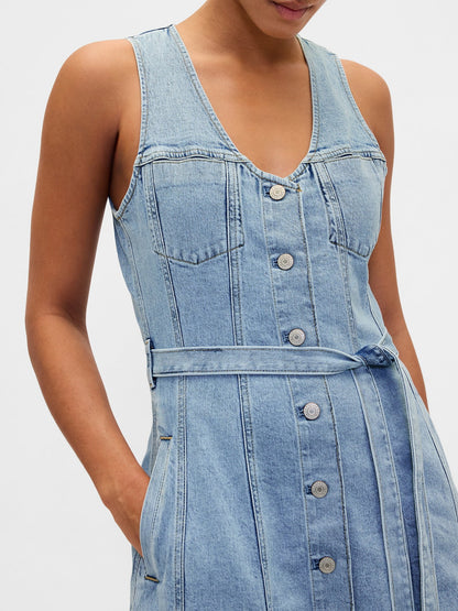 Açık Mavi Denim Kemerli Düğmeli Maxi Elbise