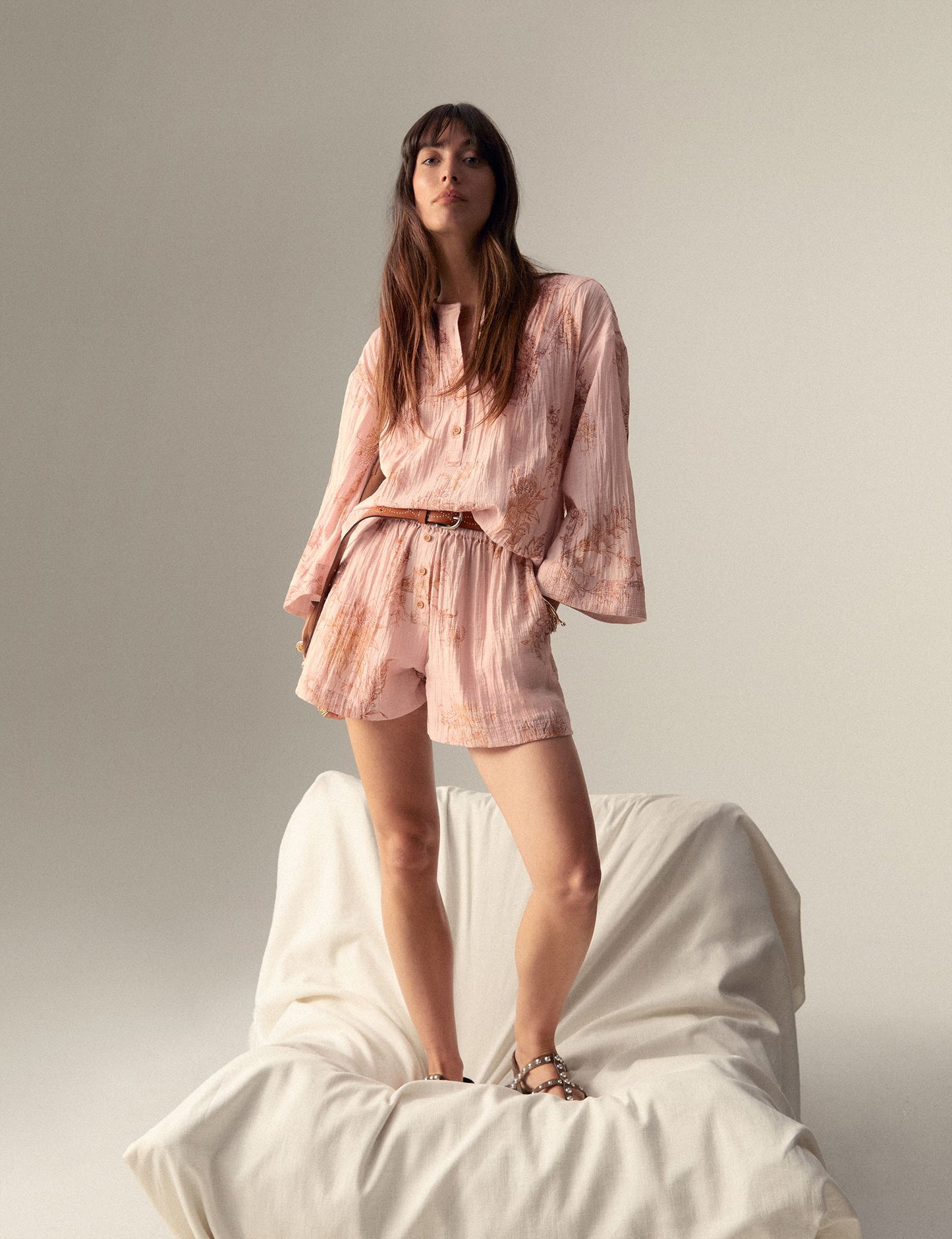 Desenli Yuvarlak Yaka Oversize Popover Bluz