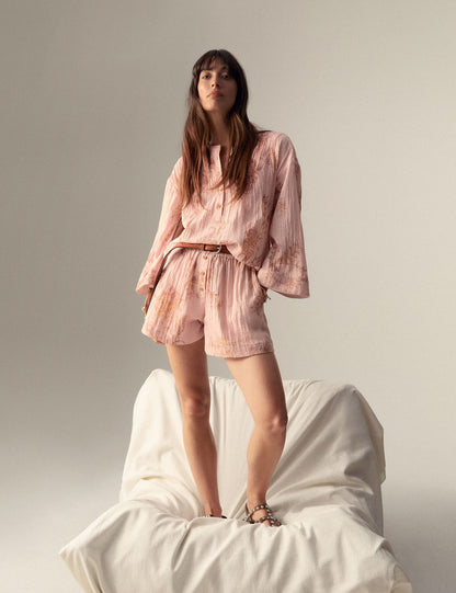 Desenli Yuvarlak Yaka Oversize Popover Bluz