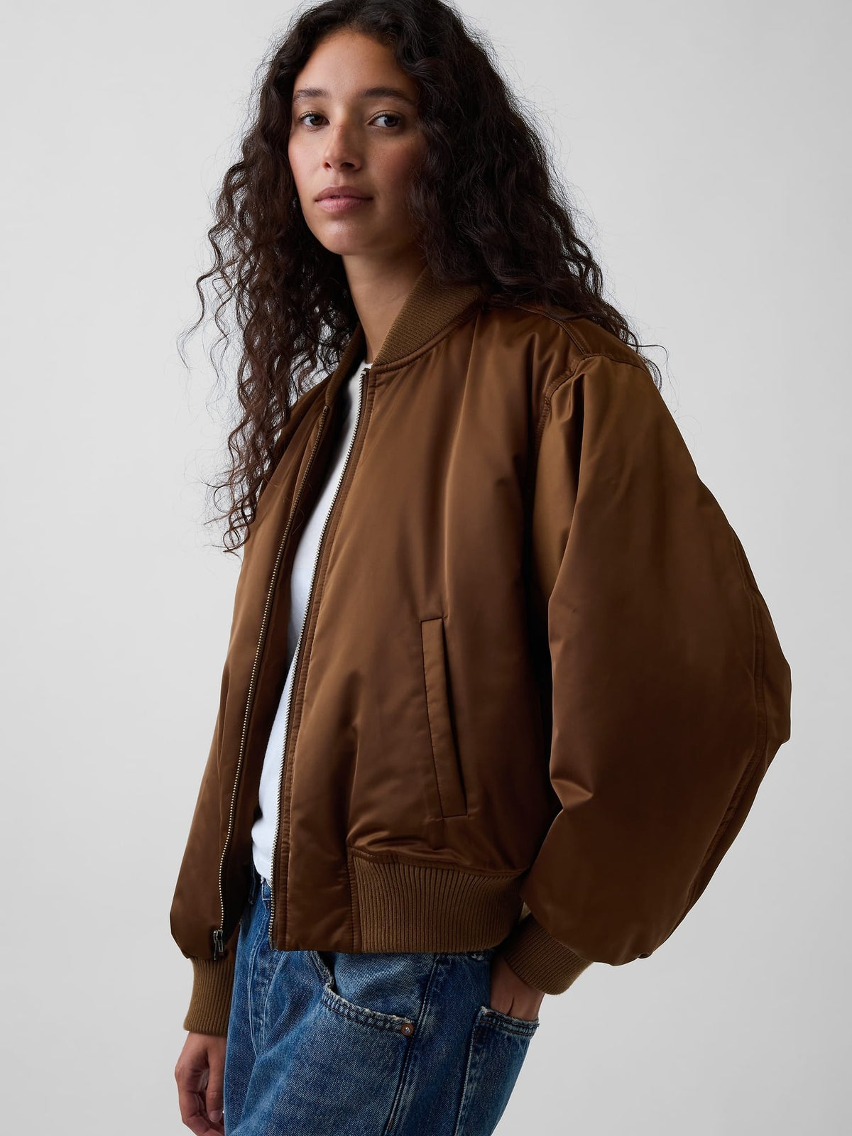 Kahverengi Padded Saten Bomber Ceket