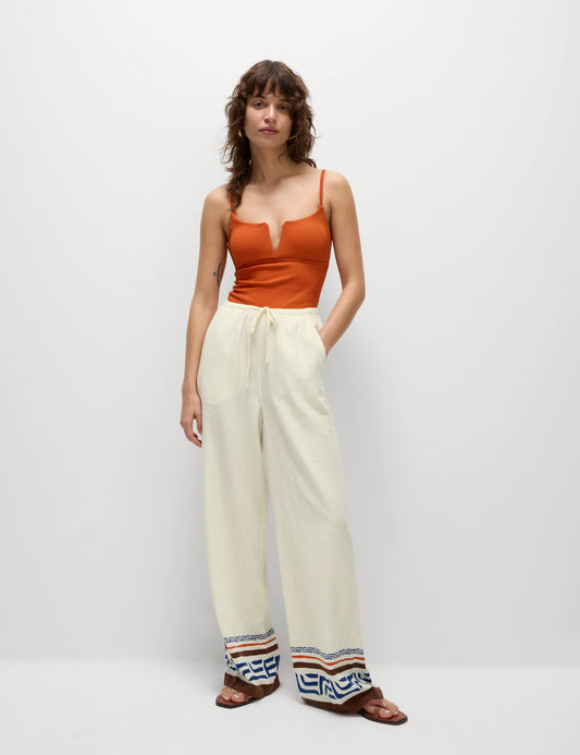 Keten Desenli Wide Leg Pantolon