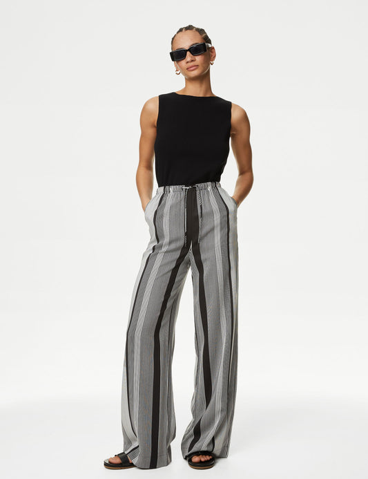 Yüksek Bel Desenli Wide Leg Pantolon