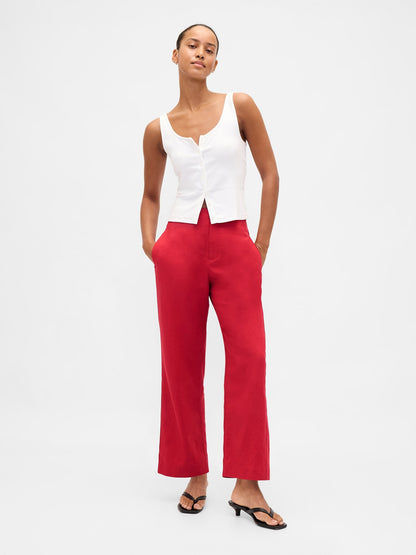 Kırmızı Keten Karışımlı Relaxed Straight Ankle Pantolon