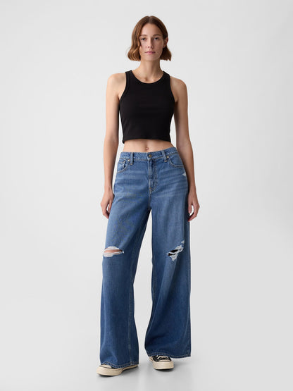 Koyu Mavi Mid Rise Ultrasoft Baggy Jean Pantolon