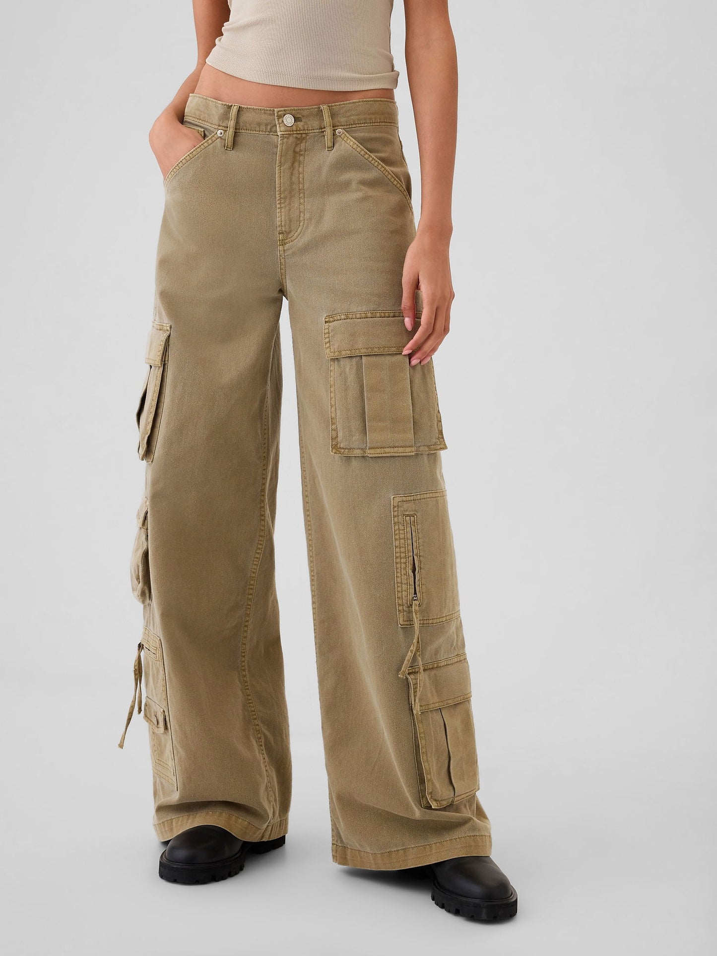 Bej Mid Rise Relaxed Kargo Pantolon