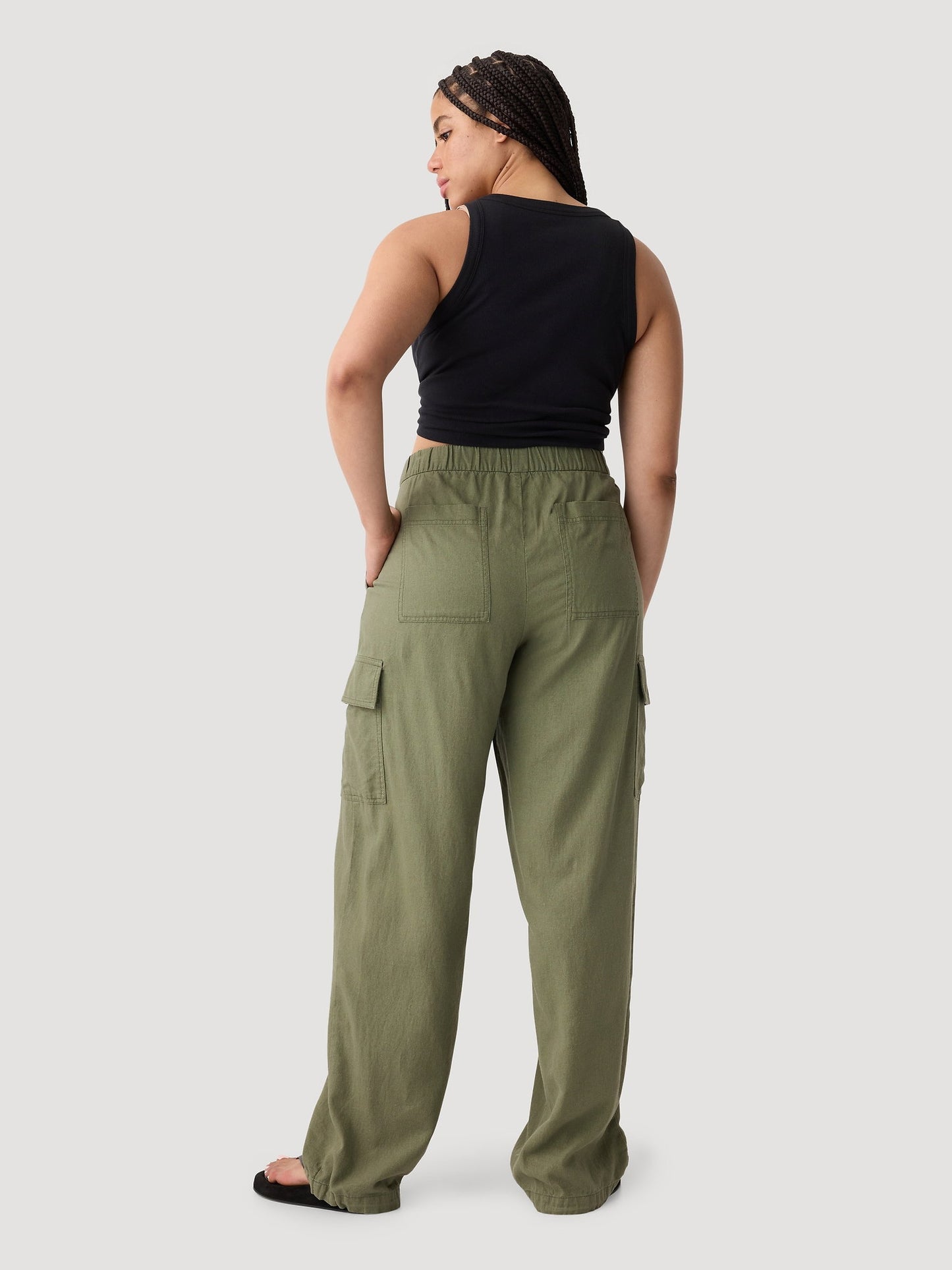 Haki Keten Karışımlı Paraşüt Kargo Pantolon