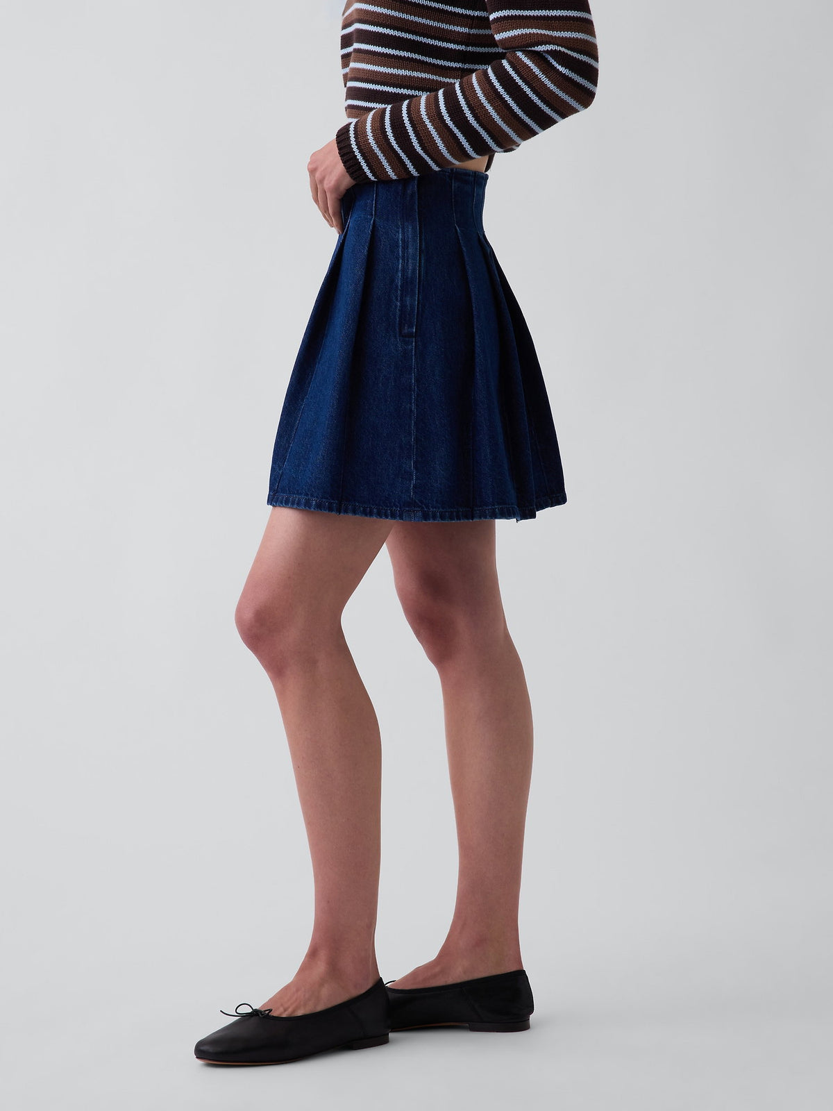 Koyu Mavi Denim Pileli Mini Etek
