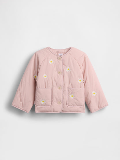Açık Pembe Floral Embroidered Kapitone Ceket