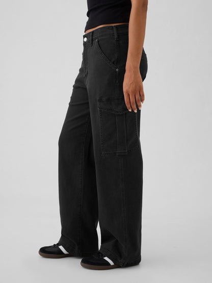Siyah Mid Rise '90s Loose Kargo Jean Pantolon