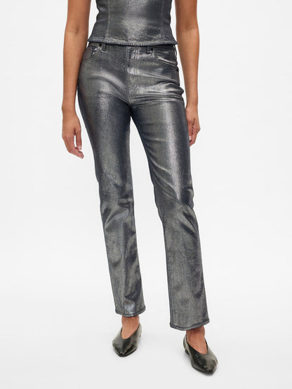 Gri High Rise Metalik '90s Straight Jean Pantolon