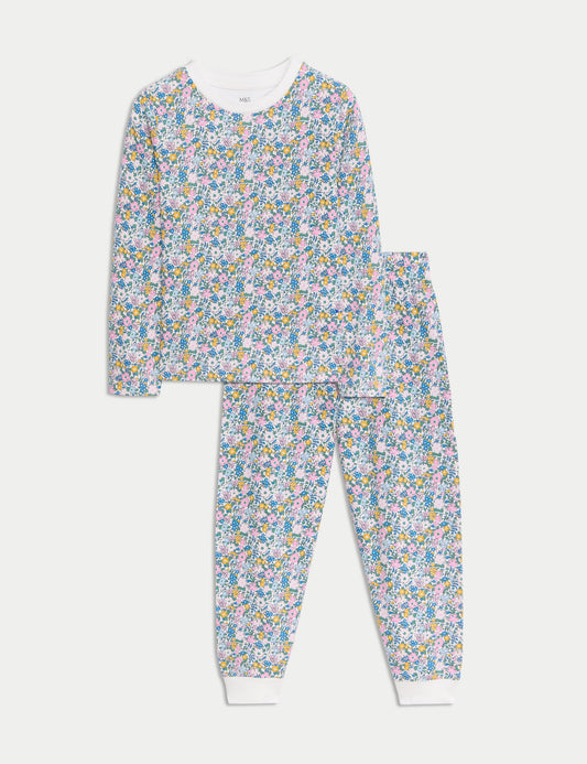 Saf Pamuklu Çiçek Desenli Pijama Takımı