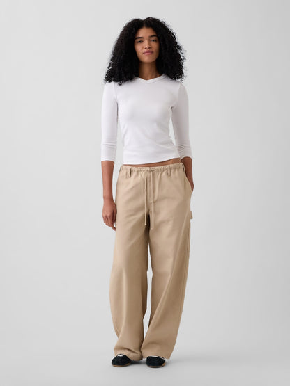 Haki Kanvas Easy Baggy Barrel Kargo Pantolon
