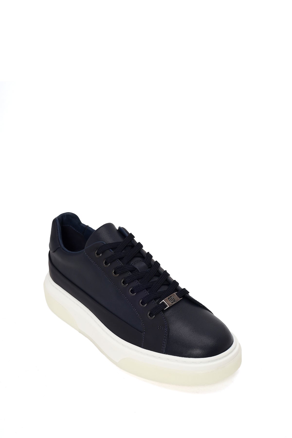 Erkek Lacivert Bağcıklı Kalın Tabanlı Deri Sneaker