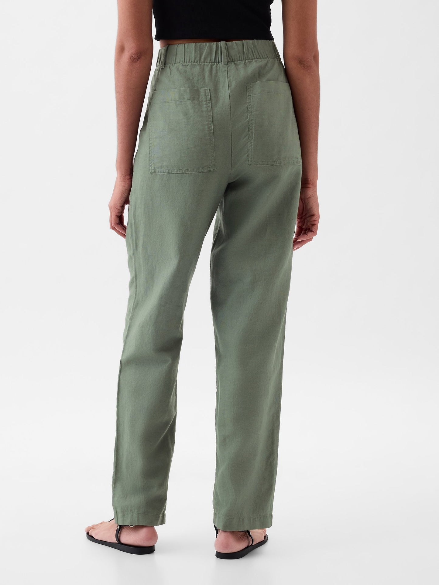 Haki High Rise Keten Karışımlı Pull-on Pantolon
