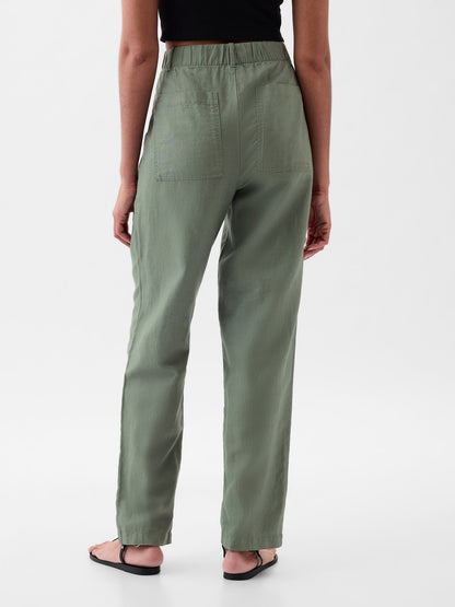 Haki High Rise Keten Karışımlı Pull-on Pantolon