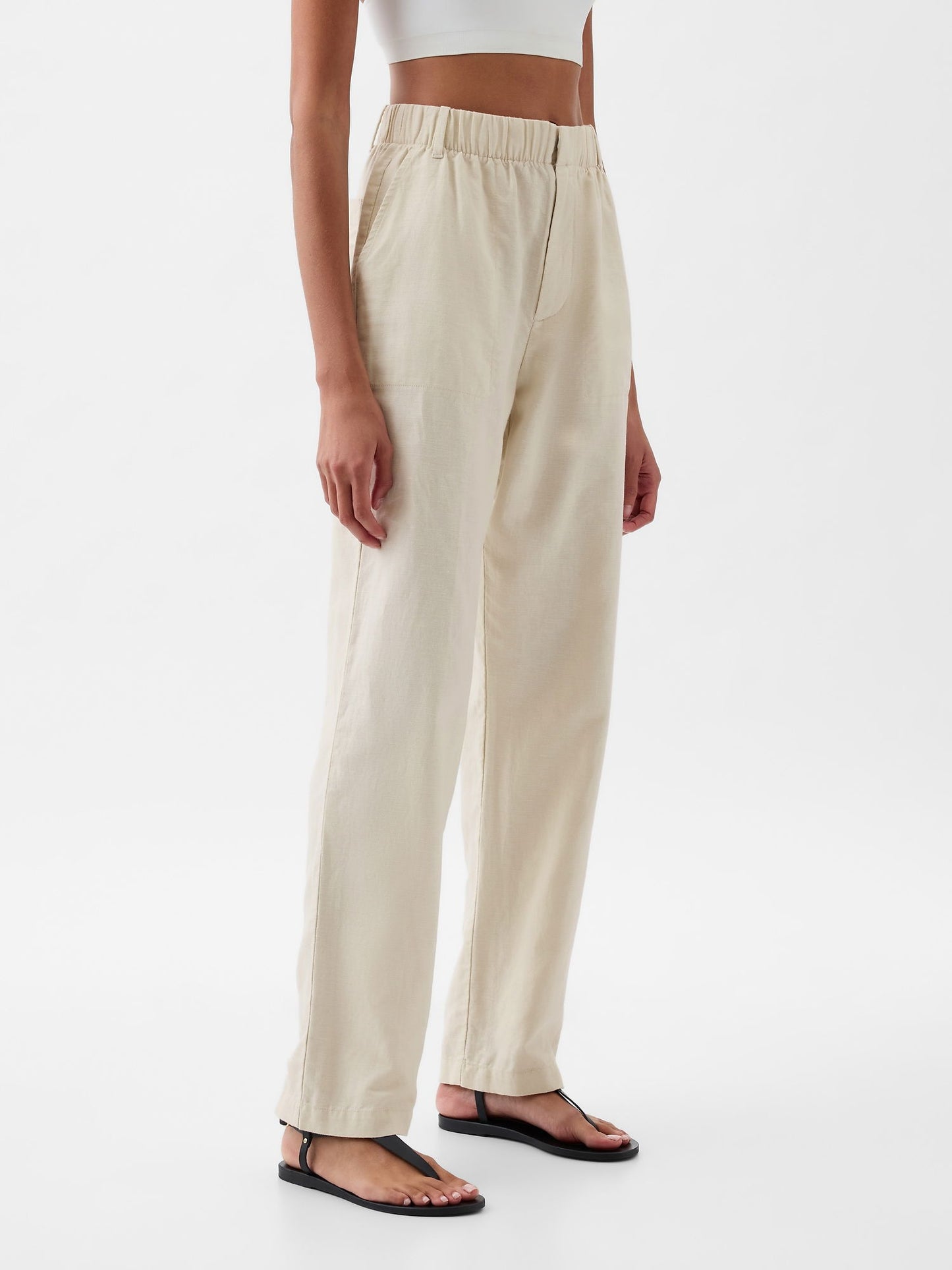 Bej High Rise Keten Karışımlı Pull-on Pantolon