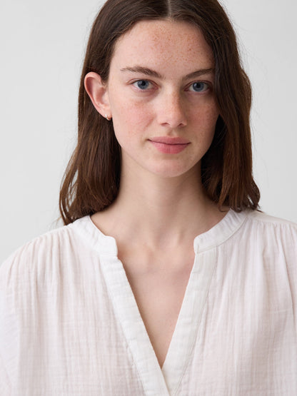 Beyaz Pamuk Gauze Oversized Split-neck Üst
