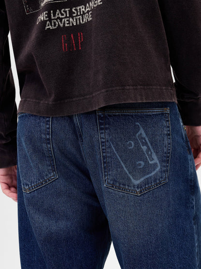 Koyu Mavi Stranger Things Flannel-astarlı Extra Baggy Jean Pantolon