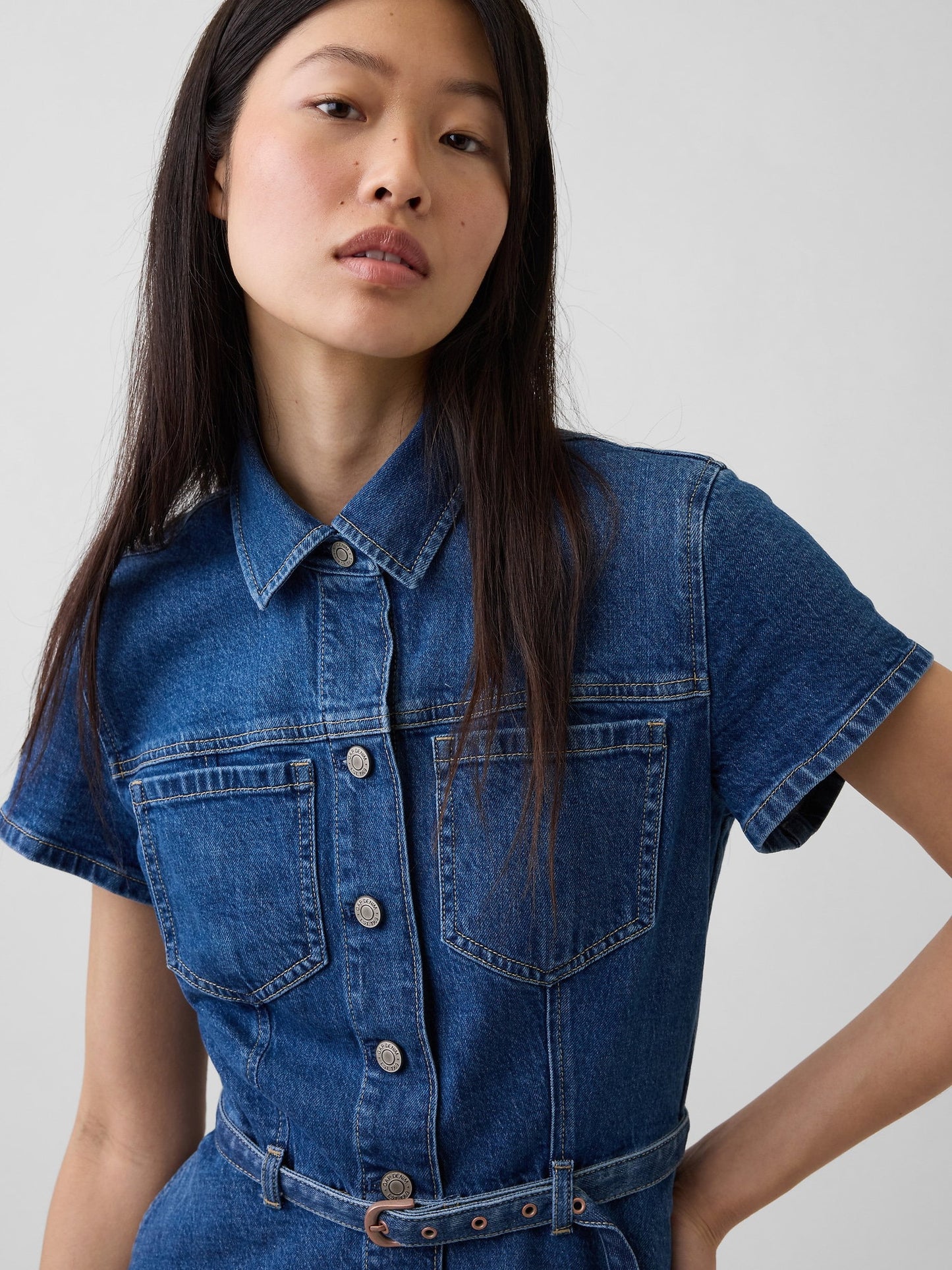 Mavi Denim Kemerli Mini Gömlek Elbise