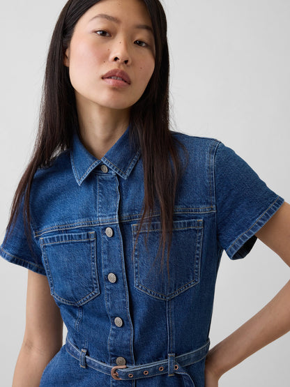 Mavi Denim Kemerli Mini Gömlek Elbise