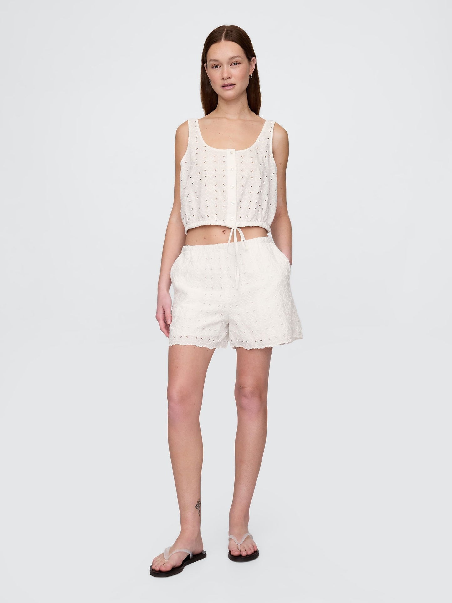 Beyaz High Rise Eyelet Easy Şort