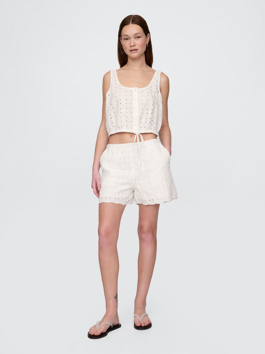 Beyaz High Rise Eyelet Easy Şort