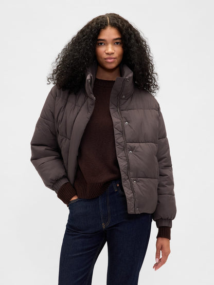 Koyu Kahverengi Faux Fur-trim Puffer Şişme Mont