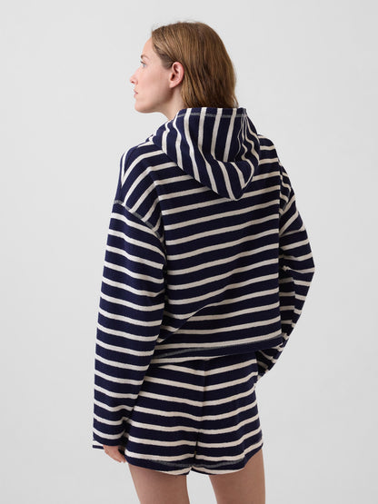 Lacivert Havlu Terry Oversized Çizgili Fermuarlı Sweatshirt