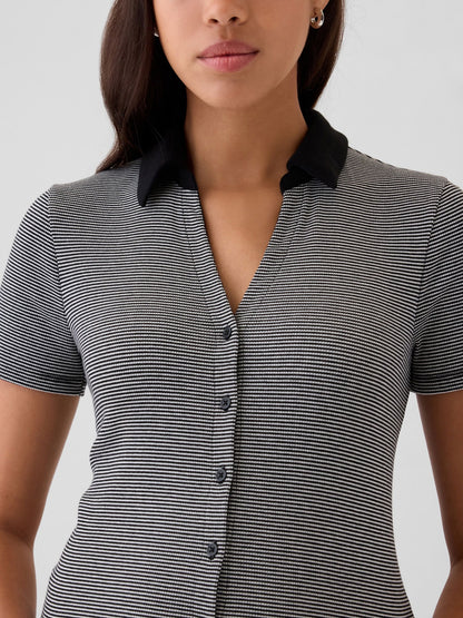 Siyah Modern Rib Düğmeli Polo Yaka T-shirt