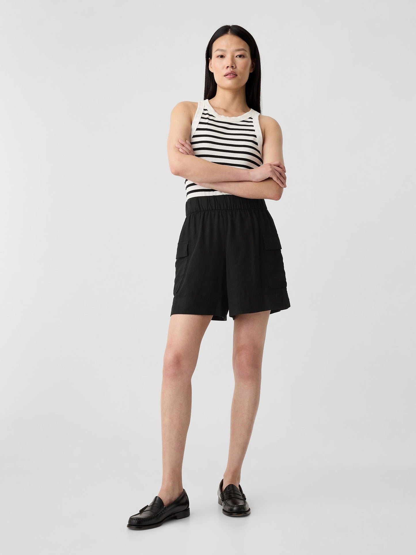 Siyah Keten Karışımlı Pull-on Kargo Şort