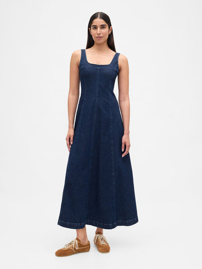 Lacivert Denim Kare Yaka Maxi Elbise