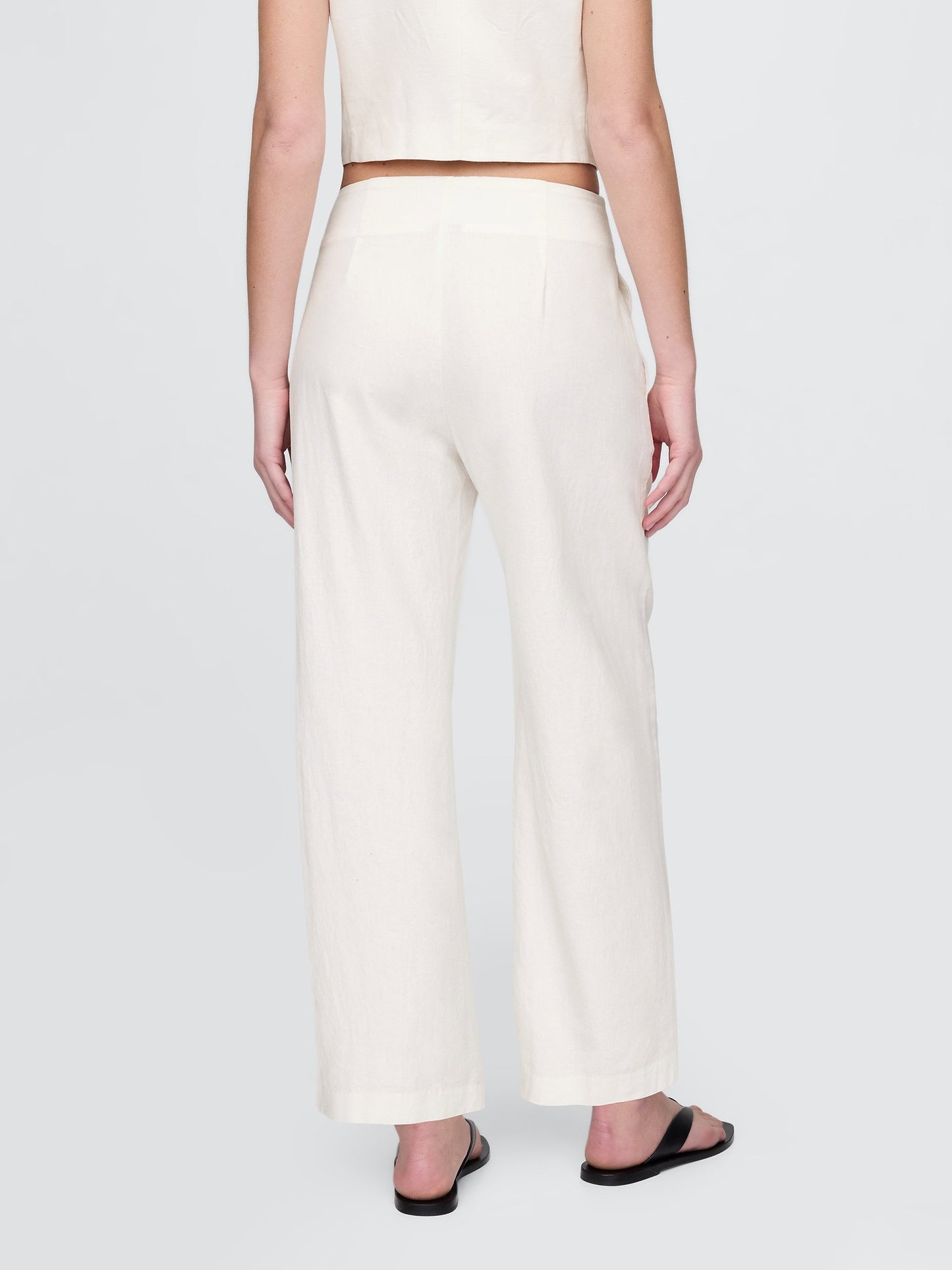 Beyaz Keten Karışımı Relaxed Straight Ankle Pantolon