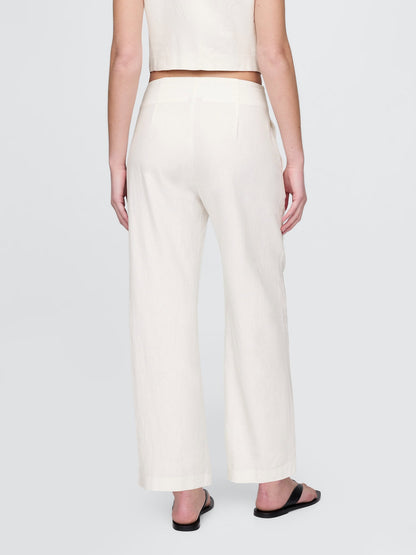 Beyaz Keten Karışımı Relaxed Straight Ankle Pantolon