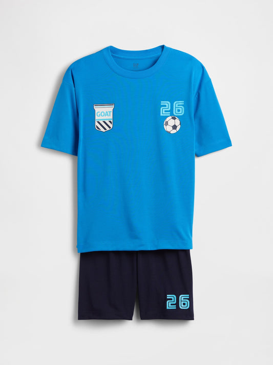 Mavi Recycled Oversized Futbol Baskılı Şort Pijama Seti